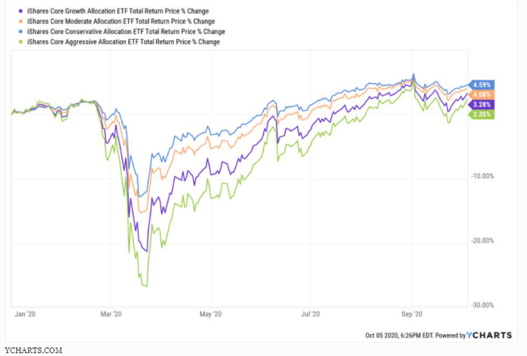 4 stock/bond allocations, similar 2020 returns